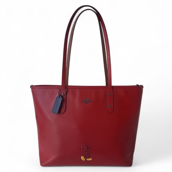 Ltd Ed DISNEY X COACH Mickey Mouse Dark Red Leather Tote Tag Shoulder Bag - Picture 1 of 16